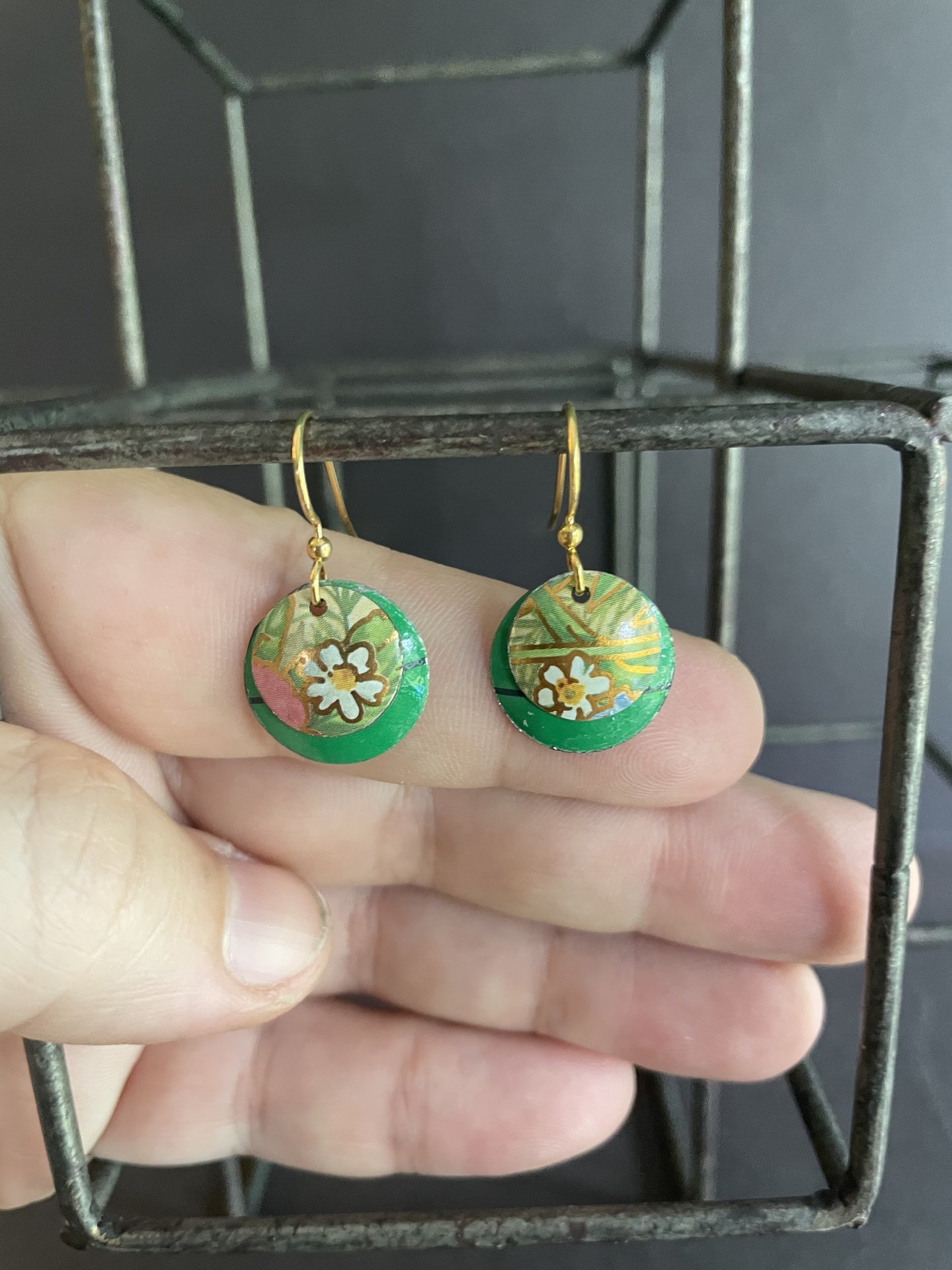 Nested Pansies Green Tin Earrings
