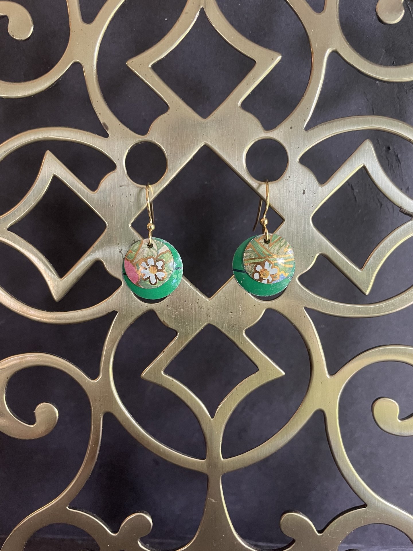 Nested Pansies Green Tin Earrings